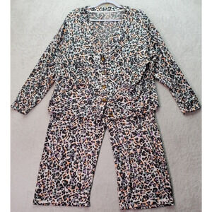 2 Piece Set Joyspun Cardigan + Capri Pants Womens Large Multicolor Leopard Print